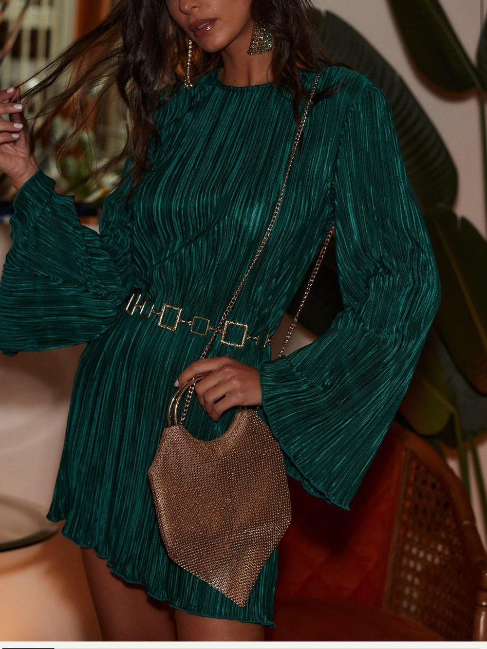 12th Tribe Emerald Green Pleated Bell-Sleeve Mini Dress